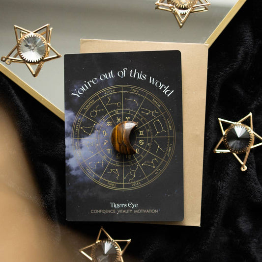 Out Of This World Tiger's Eye Crystal Moon Greeting Card