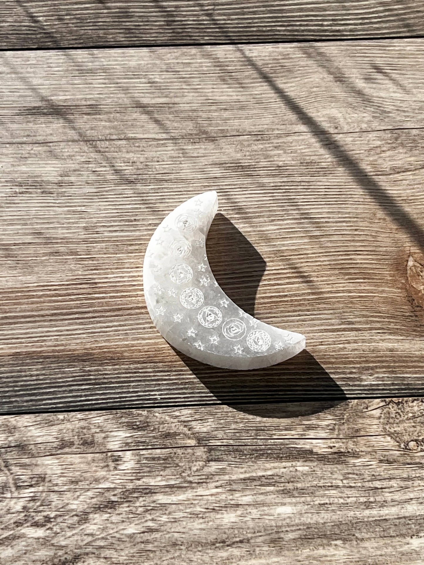 Selenite Moon Etched 7 Chakra Design