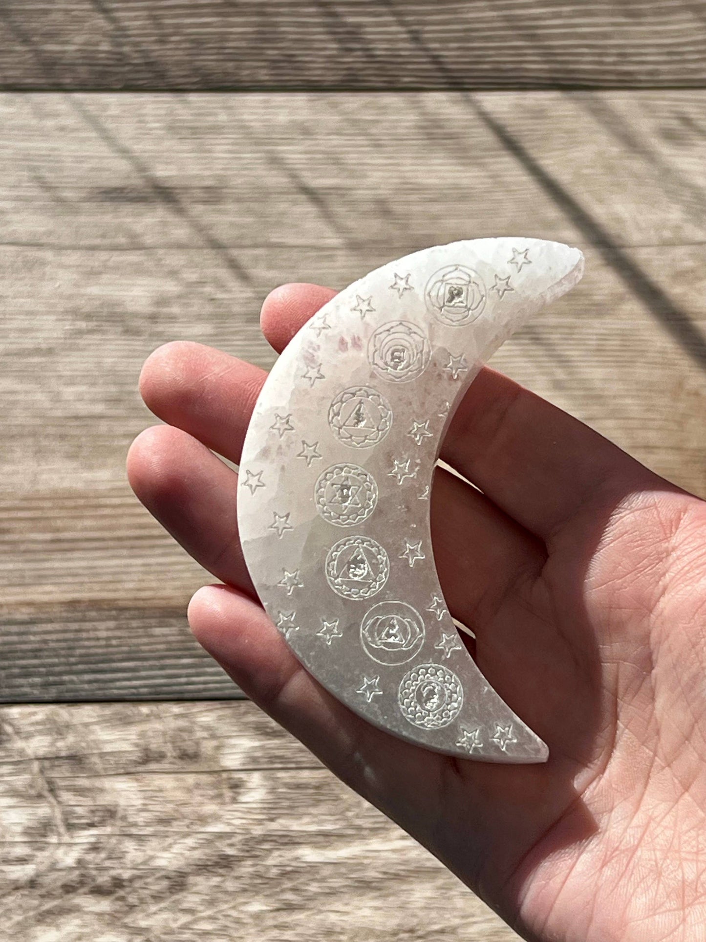 Selenite Moon Etched 7 Chakra Design