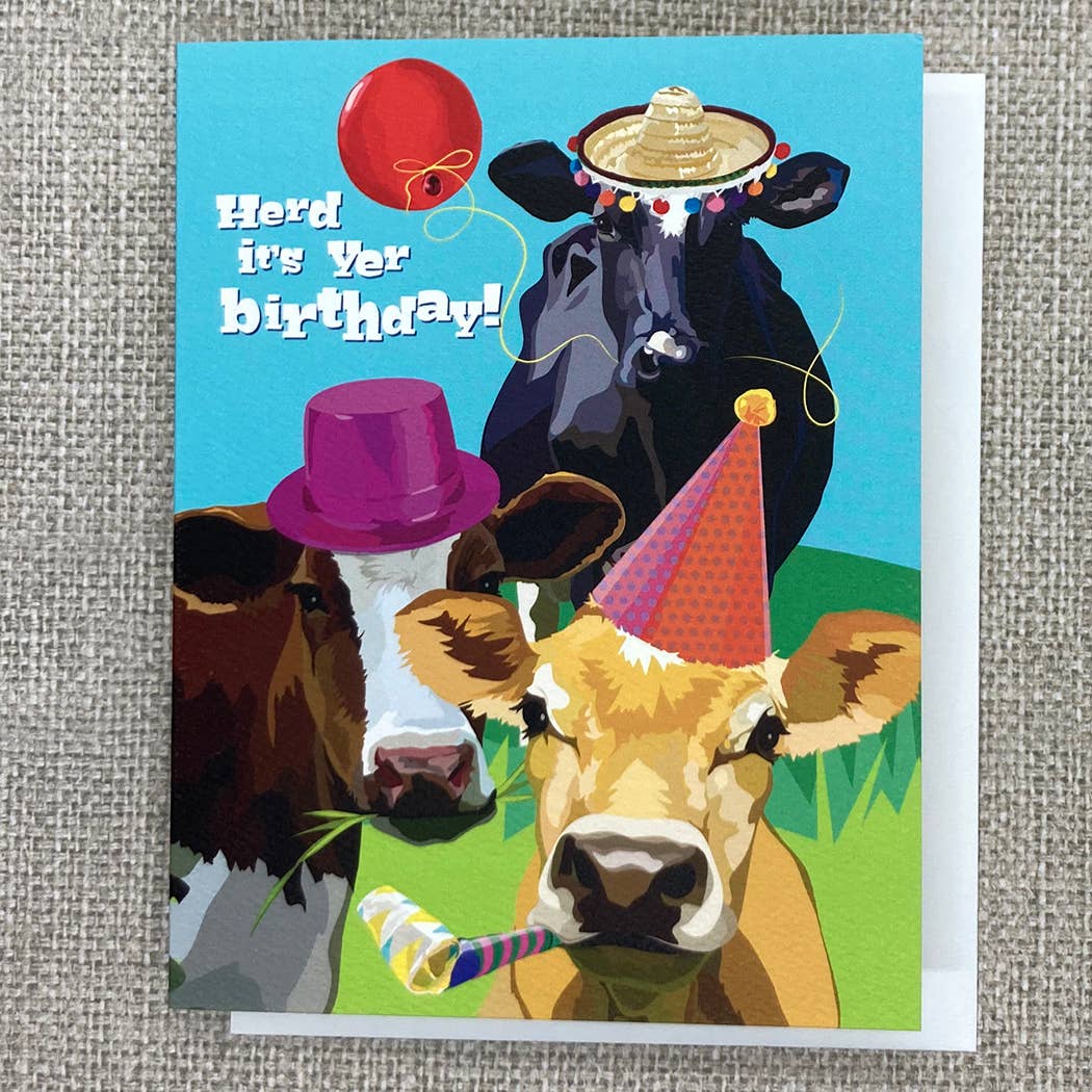 Herd It's Yer Birthday Cows and Party Hats Birthday Card