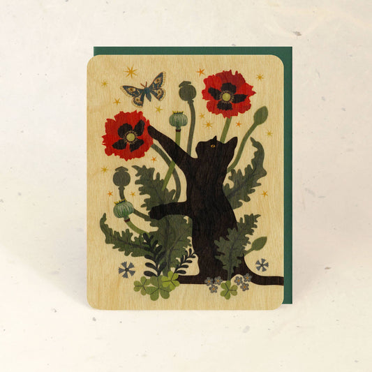 Black Cat and Poppies Wood Greeting Card
