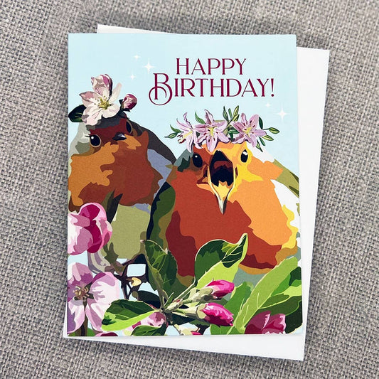 Happy Birthday Birds in Flower Hats Card